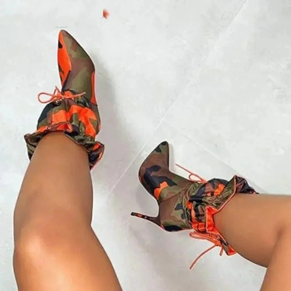 Camouflage Pointed Toe Mid-Calf Boots Orange Stiletto High Heels Boots
